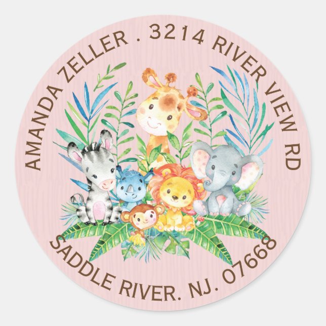 Jungle Animals Girls Baby Shower Address Label (Front)