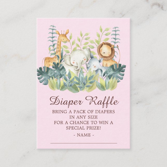Jungle Animals Girls Baby Shower Diaper Raffle Enclosure Card (Front)