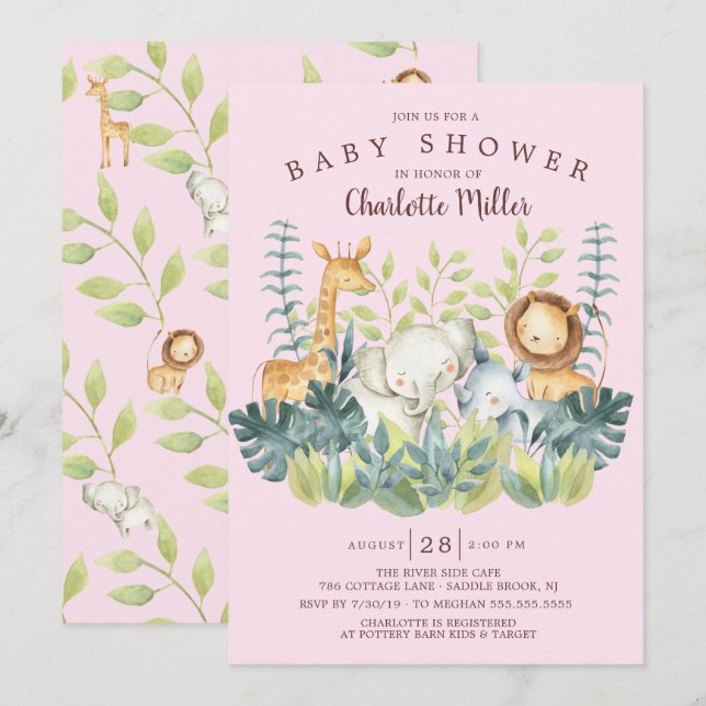 Jungle Animals Girls Baby Shower Invitation (Front/Back)