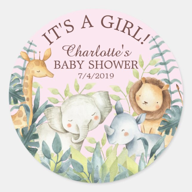 Jungle Animals Girls Baby Shower Thank You Favour Classic Round Sticker (Front)