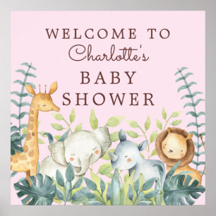 Jungle Animals Girls Baby Shower Welcome Poster