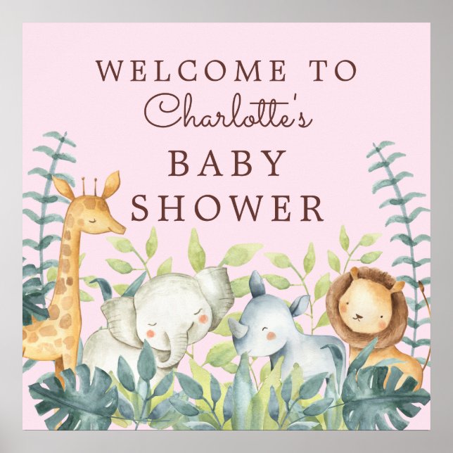 Jungle Animals Girls Baby Shower Welcome Poster (Front)