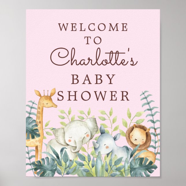 Jungle Animals Girls Baby Shower Welcome Sign (Front)