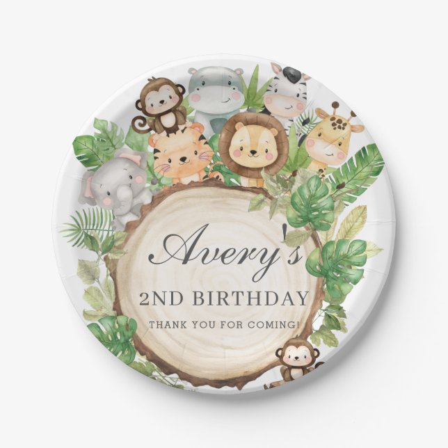 Jungle Animals Greenery 1st Birthday Baby Shower Paper Plate (Front)