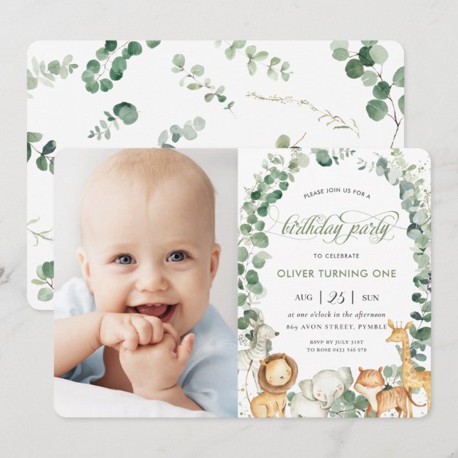 Jungle Animals Greenery 1st Birthday Party Photo Invitation (Front/Back)
