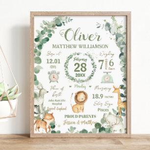 Jungle Animals Greenery Baby Birth Print Stats  