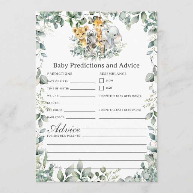 Jungle Animals Greenery Baby Predictions Game Card (Front)