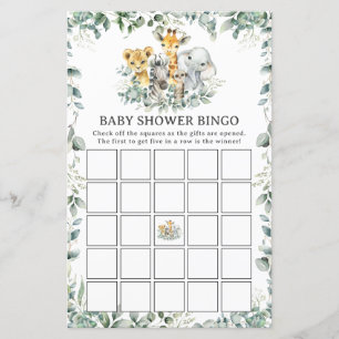 Jungle Animals Greenery Baby Shower Bingo Game