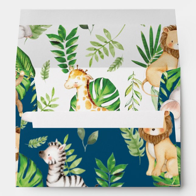 Jungle Animals Greenery Baby Shower Birthday Navy  Envelope (Back (Bottom))
