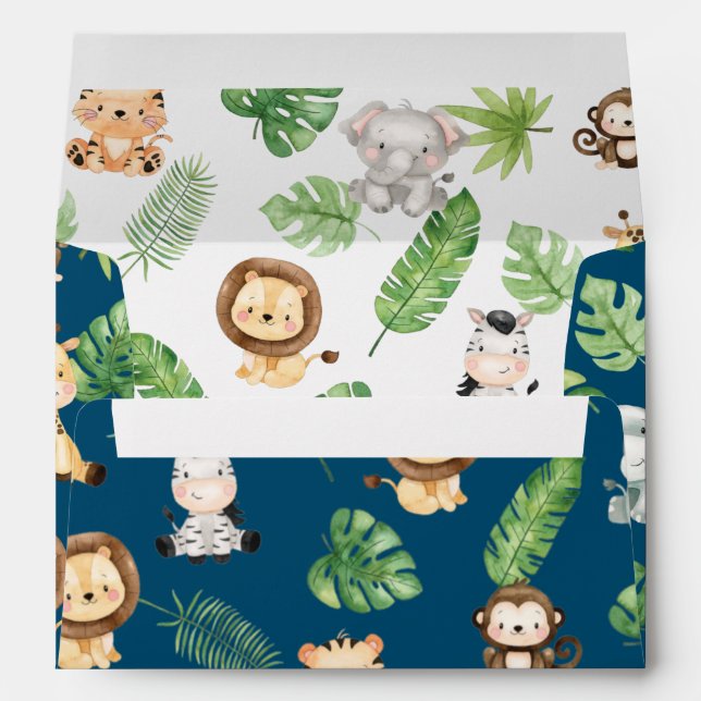 Jungle Animals Greenery Baby Shower Birthday Navy Envelope (Back (Bottom))