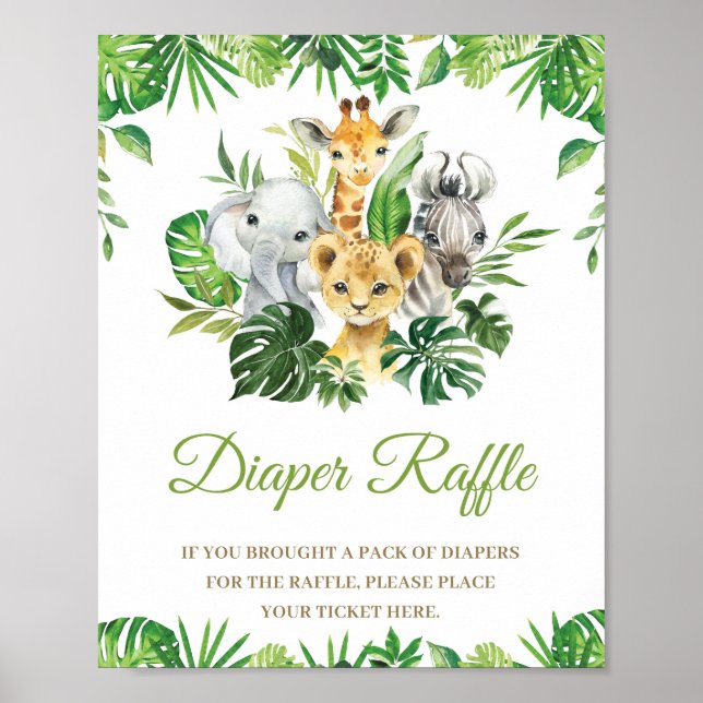 Jungle Animals Greenery Baby Shower Diaper Raffle Poster (Front)