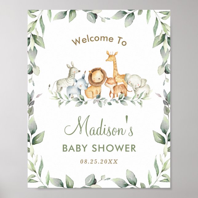 Jungle Animals Greenery Baby Shower Welcome Sign (Front)