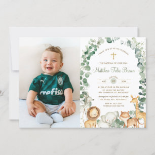 Jungle Animals Greenery Baptism Christening Photo Invitation