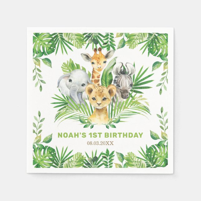 Jungle Animals Greenery Lion Zebra Birthday Party Napkin (Front)