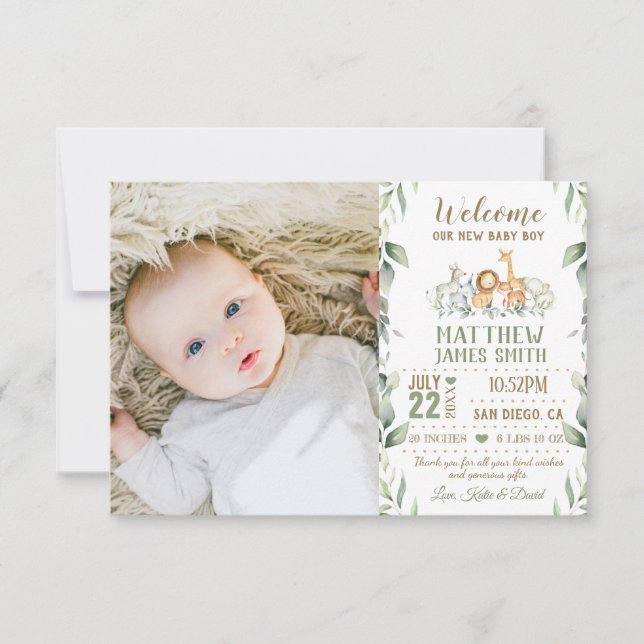 Jungle Animals Greenery New Baby Boy Photo Birth Announcement (Front)