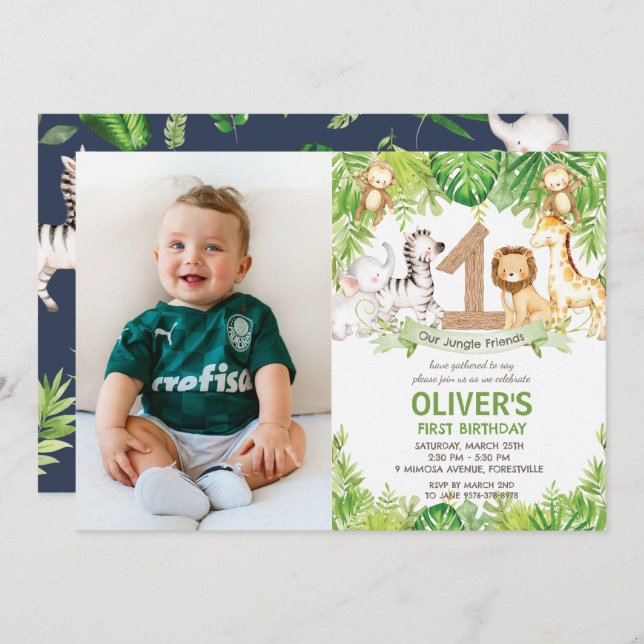 Jungle Animals Greenery Safari 1st Birthday Photo Invitation (Front/Back)