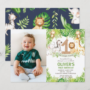 Jungle Animals Greenery Safari 1st Birthday Photo Invitation