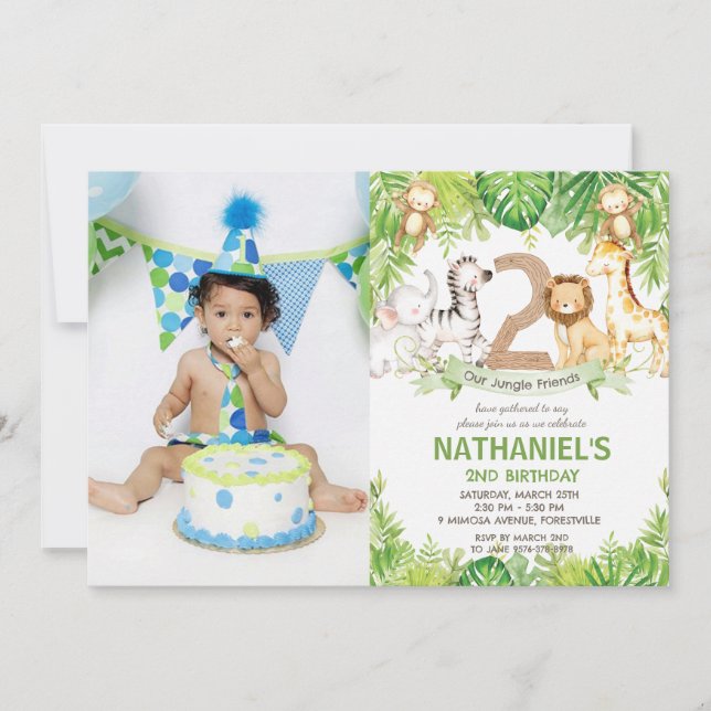 Jungle Animals Greenery Safari 2nd Birthday Photo Invitation (Front)