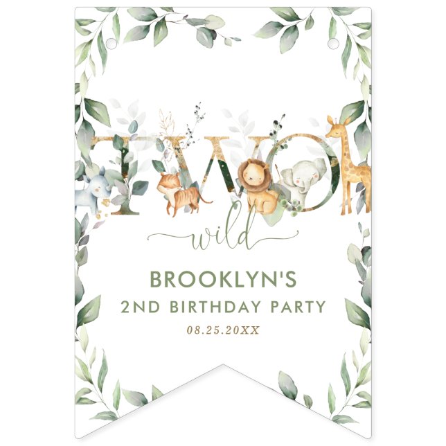 Jungle Animals Greenery Two Wild 2nd Birthday Bunting (First Flag)