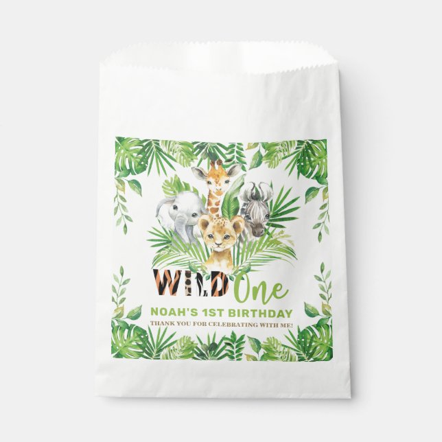 Jungle Animals Greenery Wild ONE 1st Birthday Favour Bags (Front)