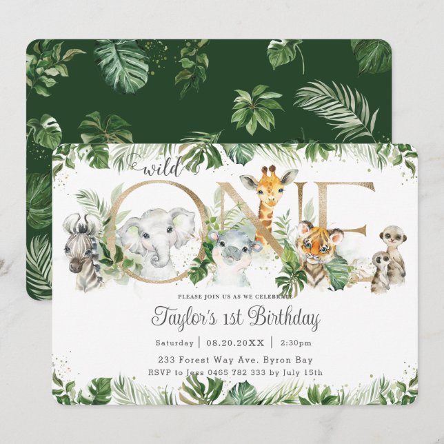 Jungle Animals Greenery Wild ONE 1st Birthday Invitation (Front/Back)