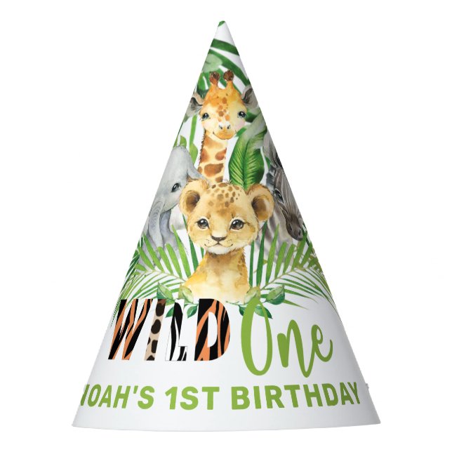 Jungle Animals Greenery Wild ONE 1st Birthday Party Hat (Front)
