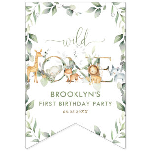 Jungle Animals Greenery Wild One Happy Birthday Bunting