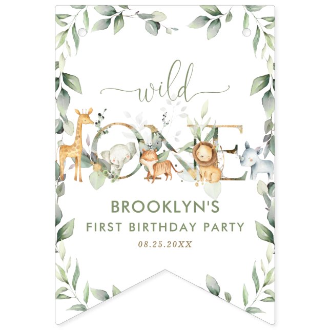 Jungle Animals Greenery Wild One Happy Birthday Bunting (First Flag)