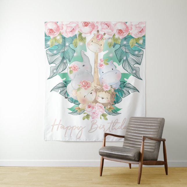 Jungle Animals Happy Birthday Tapestry (In Situ)