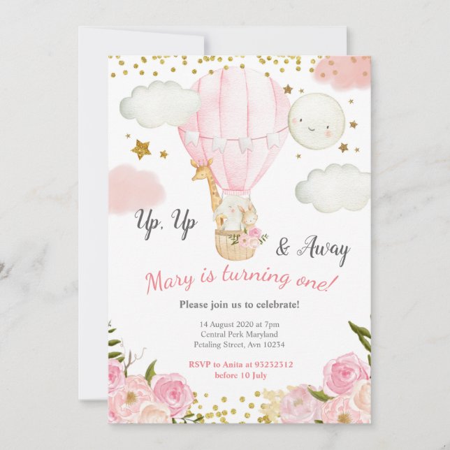 Jungle animals hot Air Balloon Girl Birthday Invitation (Front)
