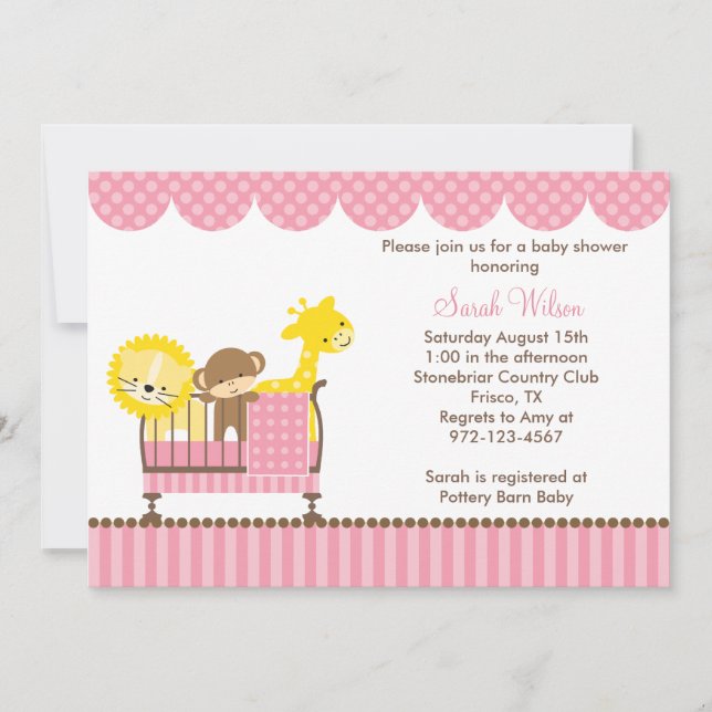 Jungle Animals in a Crib (Pink) Invitations (Front)