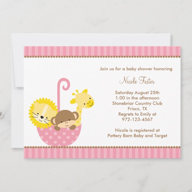 Jungle Animals in Pink Umbrella Invitations (Front)