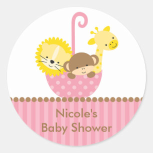 Jungle Animals in Pink Umbrella Stickers