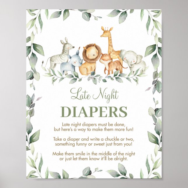 Jungle Animals Late Night Diapers Baby Shower Sign (Front)
