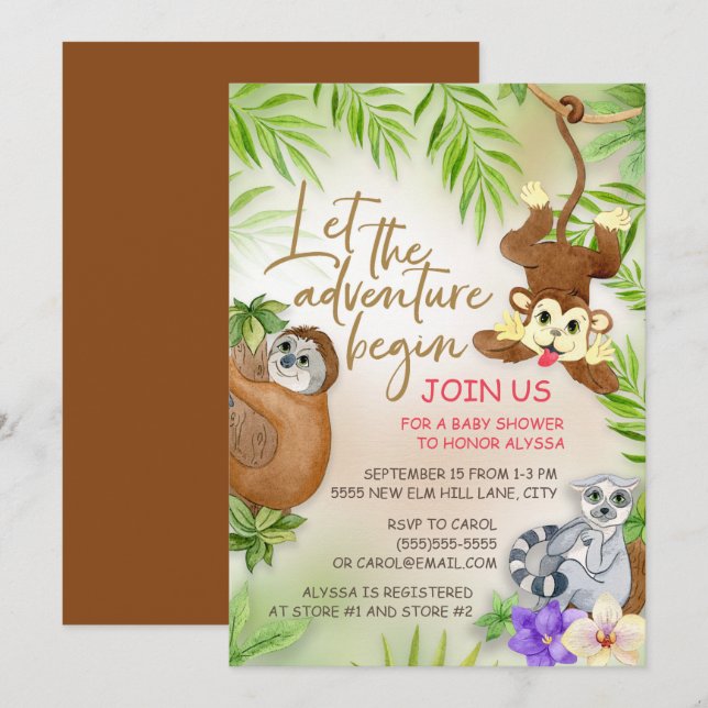 Jungle Animals Let Adventure Begin Baby Boy Shower Invitation (Front/Back)