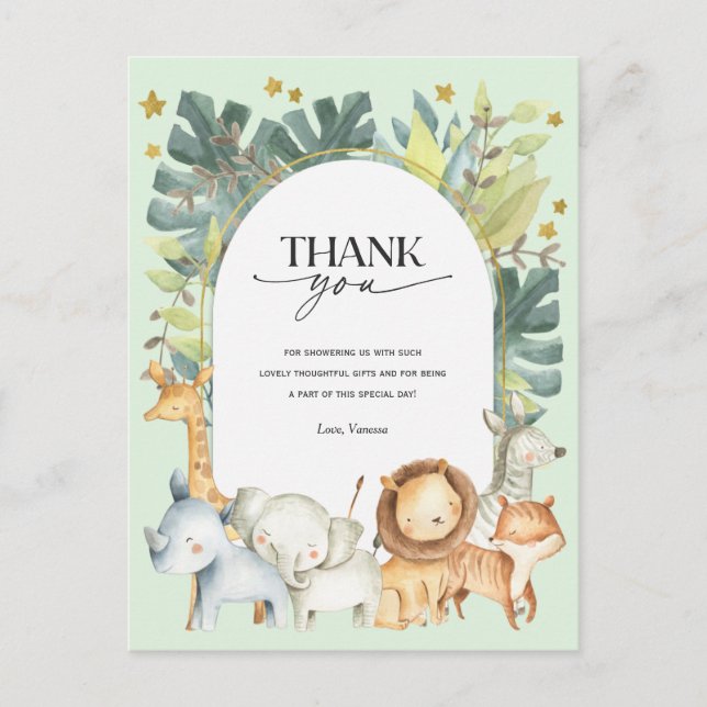 Jungle animals mint baby shower thank you postcard (Front)