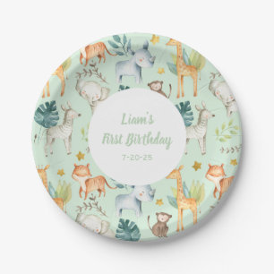 JUngle animals mint gender neutral 1st birthday Paper Plate