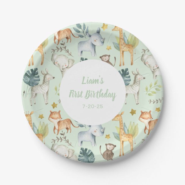 JUngle animals mint gender neutral 1st birthday Paper Plate (Front)