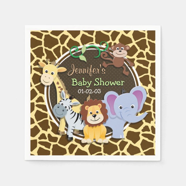 Jungle Animals on Brown Giraffe Animal Print Napkin (Front)