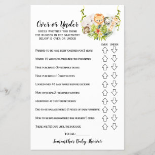 Jungle Animals Over or Under Baby Shower Game card