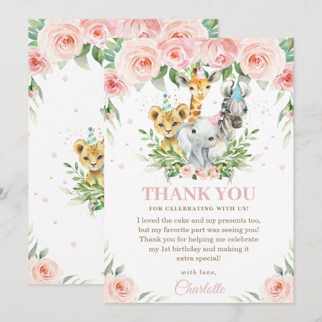 Jungle Animals Party Hats Pink Floral  Thank You Card (Front/Back)