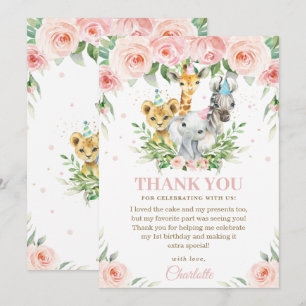 Jungle Animals Party Hats Pink Floral  Thank You Card