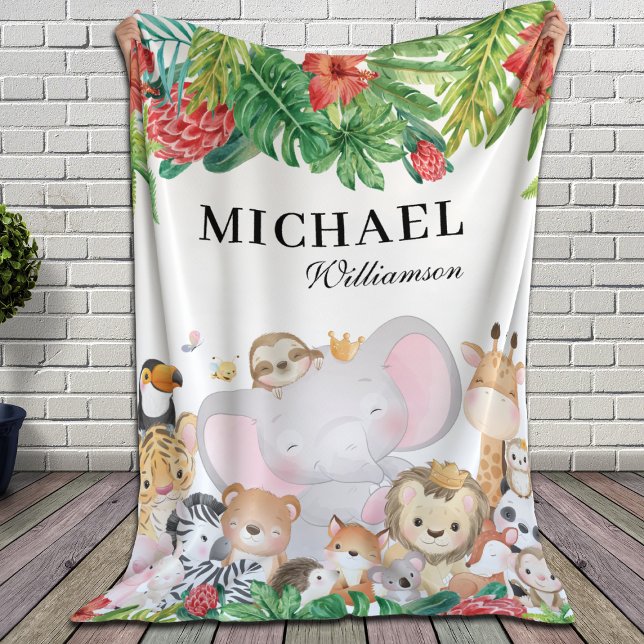 Jungle Animals + Personalised Name Green Leaves Sherpa Blanket (Creator Uploaded)