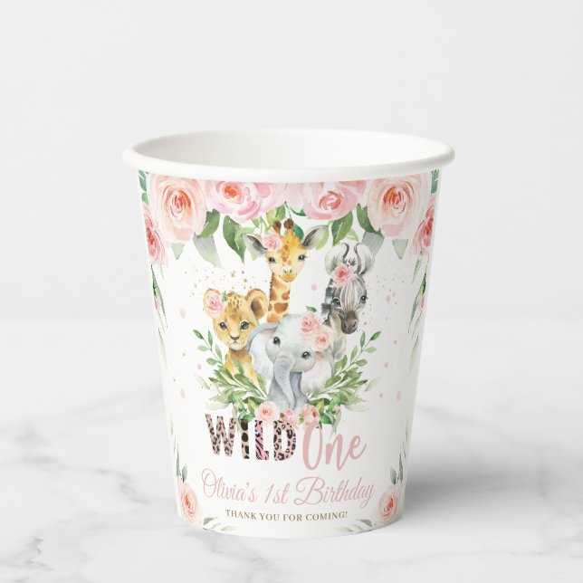 Jungle Animals Pink Floral 1st Birthday Wild One Paper Cups (Front)