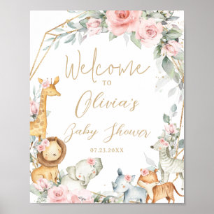 Jungle Animals Pink Floral Baby Shower Welcome Poster