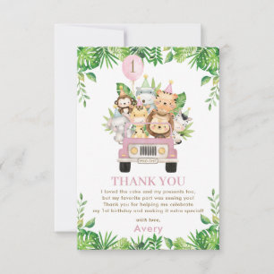 Jungle Animals Pink Safari Car 1st Birthday Thank You Card