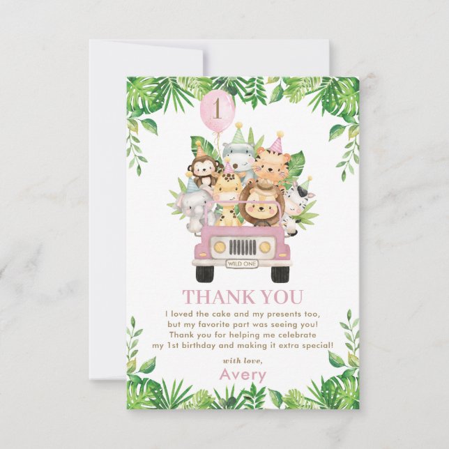 Jungle Animals Pink Safari Car 1st Birthday Thank You Card (Front)