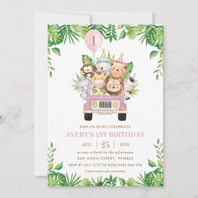 Jungle Animals Pink Safari Car Girl 1st Birthday Invitation (Front)