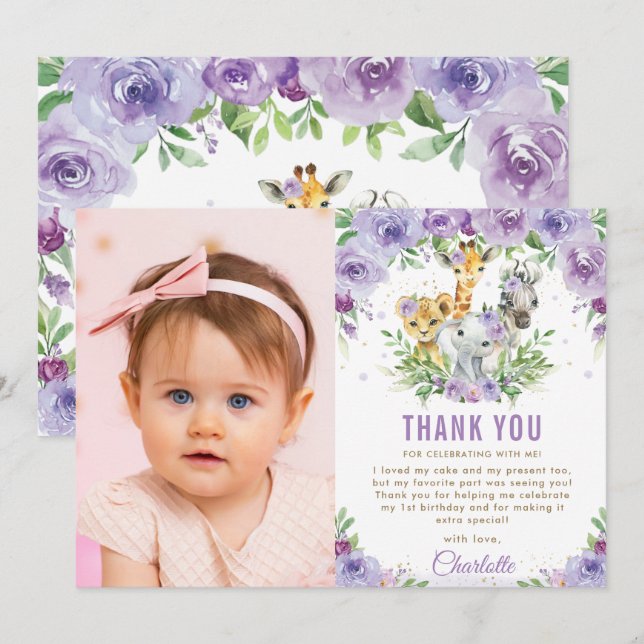Jungle Animals Purple Floral 1st Birthday Photo Thank You Card (Front/Back)