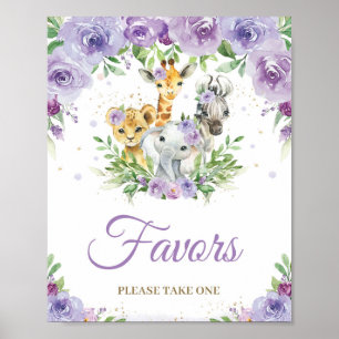 Jungle Animals Purple Floral Baby Shower Favour Poster